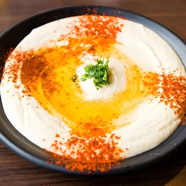 Creamy hummus drizzled with olive oil, sprinkled with paprika and fresh parsley, in a black bowl.